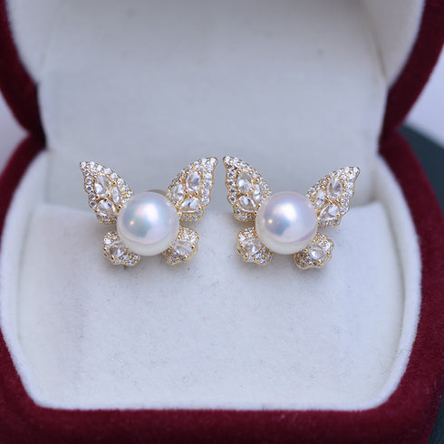 8-9mm Freshwater Pearl Butterfly &Cubic Zirconia Earrings - House Of Pearls